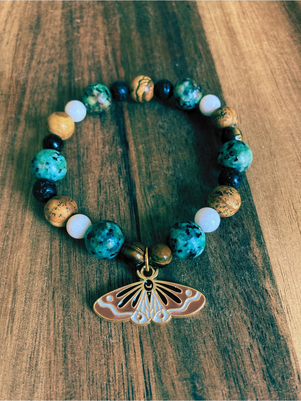 Handmade Beaded Bracelet with African Turquoise and Moth Charm